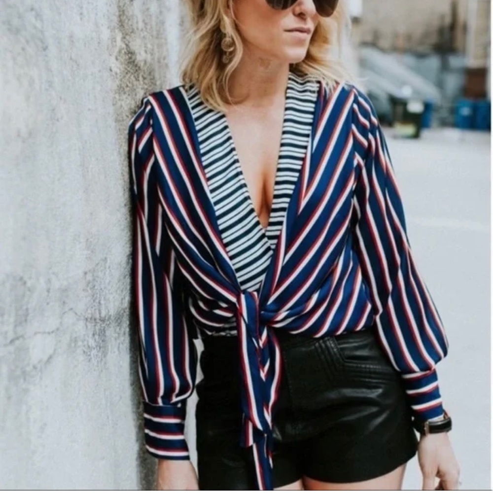 Zara blue red white v-neck blouse top shirt